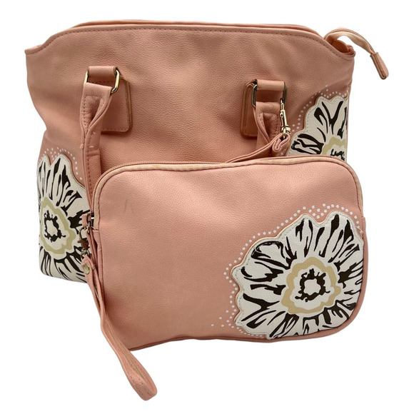 Handbag Crossbody Wristlet Wallet Makeup Bag Pink With Flowers Soft Vinyl - Picture 2 of 12